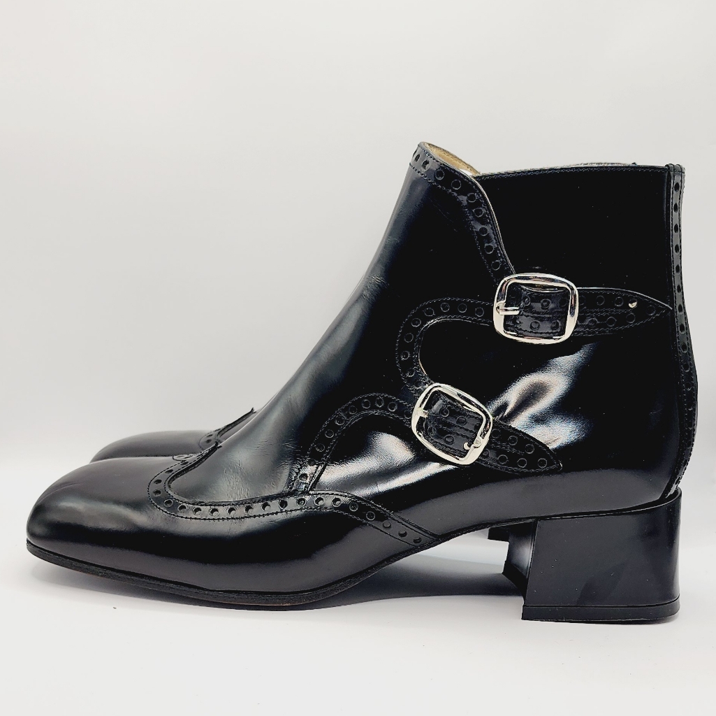 Free Lance Ankle Boots Paris Bike Double Buckle Leather 39.5 Retro Black